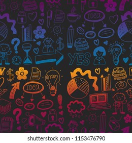 Social media and business icons. Patterns on black backgroud. Chalk illustration on blackboard. Management, teamwork.