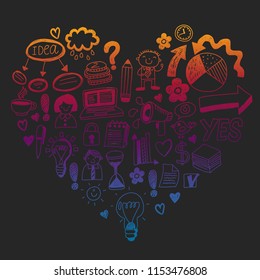 Social media and business icons. Patterns on black backgroud. Chalk illustration on blackboard. Management, teamwork.