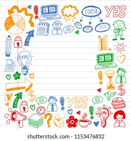 Social media and business icons. Patterns on black backgroud. Chalk illustration on blackboard. Management, teamwork.