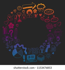 Social media and business icons. Patterns on black backgroud. Chalk illustration on blackboard. Management, teamwork.