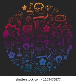 Social media and business icons. Patterns on black backgroud. Chalk illustration on blackboard. Management, teamwork.