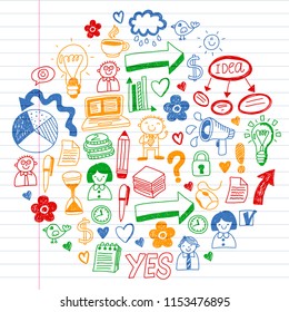 Social media and business icons. Patterns on black backgroud. Chalk illustration on blackboard. Management, teamwork.