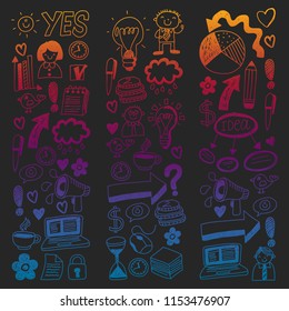 Social media and business icons. Patterns on black backgroud. Chalk illustration on blackboard. Management, teamwork.