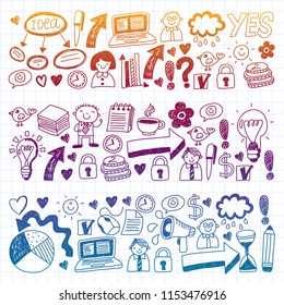 Social media and business icons. Patterns on black backgroud. Chalk illustration on blackboard. Management, teamwork.