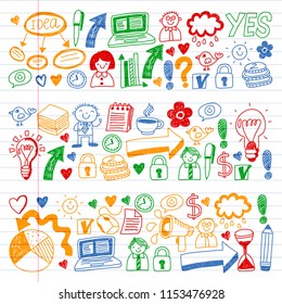 Social media and business icons. Patterns on black backgroud. Chalk illustration on blackboard. Management, teamwork.