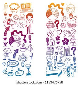 Social media and business icons. Patterns on black backgroud. Chalk illustration on blackboard. Management, teamwork.