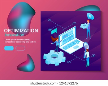 Social media, business optimization teamwork. Isometric illustration of a successeful business. Made with gradients of rose orange and blue shades. Background for sites, banners, posters. 