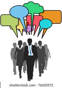 Social media business people walk and talk in color speech bubbles