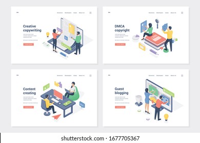 Social media business promotion isometric landing page templates set. Creative copywriting, DMCA copyright, content creating, guest blogging. Advertising managers cartoon characters
