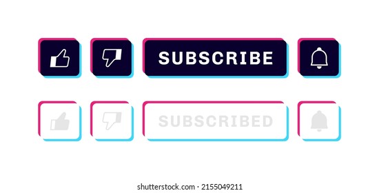 Social media button design. Subscribe, thumb up or down and bell button. Subscribe to channel and like. Vector illustration.