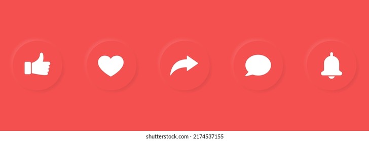 Botón de medios sociales en estilo de Neumorfismo. UI, UX Elementos de diseño. Elemento Círculo Digital para Interfaz de Aplicación. Compartir, Como, Subir, Suscribir, Compartir, Botón De Notificación. Ilustración vectorial.