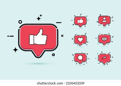 Social media button set with red color. Social button with like, love, comment, view, share and follow icon. Stylish red color flat button collection for social media posts.