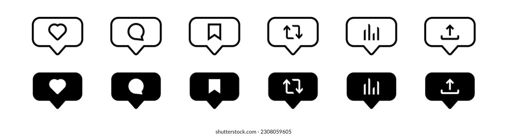 Social media buttons icon set. Interaction panel buttons. Like, comment, save, repost, statistics and share signs. Vector