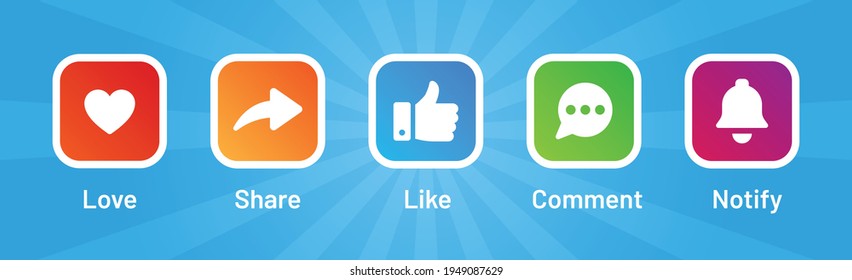 Social media buttons icon vector set isolated on blue background. Web elements for online communication. Love, share, like, comment, notify.