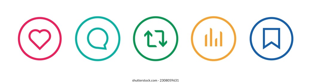 Social media buttons for interaction. Like, comment, repost, statistics, save icons. Vector set.
