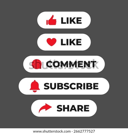 Social Media Buttons. Like, Comment, Subscribe, Share UI Icons. Vector Flat Design for social networks. Red and White Call to Action Elements on Dark Background