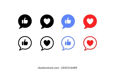 Social media buttons. Like and heart speech bubbles. Silhouette and flat style