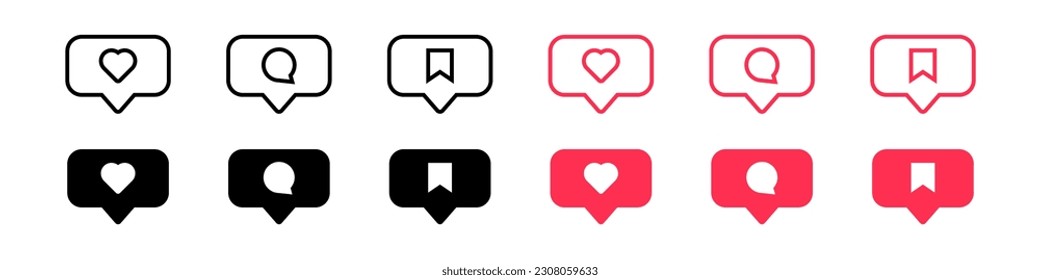 Social media buttons set. Like, comment, save icons. Interaction at social media. Like, comment and save signs. Vector