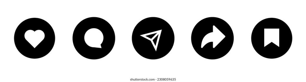 Social media buttons set. Like, comment, direct message, share, and save sign icons. Vector