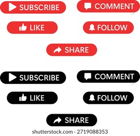 Social Media Buttons Vetor Set Assinar, Como, Comentário, Compartilhar Seguir