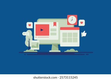 Social media calendar, Content calendar, Social media software, Post scheduler - vector illustration background with icons