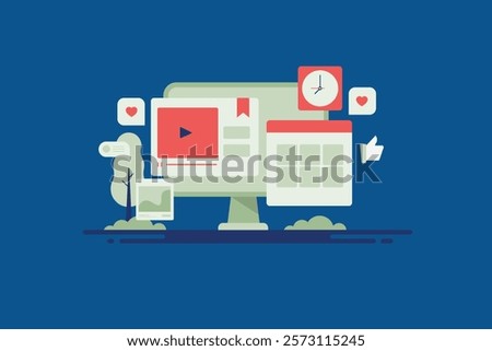 Social media calendar, Content calendar, Social media software, Post scheduler - vector illustration background with icons