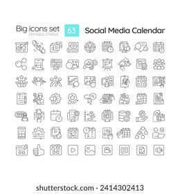 Fijación de iconos lineales del calendario de medios sociales. Actividad de marketing. Gestión comunitaria. Contenido digital. Planificar plan. Símbolos de línea delgada personalizables. Ilustraciones aisladas del contorno vectorial. Trazo editable