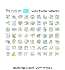 Social media calendar RGB color icons set. Marketing strategy. Schedule planner. Content plan. Publish online. Isolated vector illustrations. Simple filled line drawings collection. Editable stroke