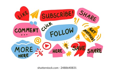 Social media call to action marketing buttons. Handwritten text in speech bubbles, subscribe, save, share, comment elements set.