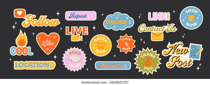 Social media call to action stickers. Modern action labels in trendy retro style. Y2k aesthetic