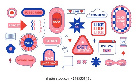 Social media call-to-action stickers set. Popular clickable prompt buttons for web. Icons, tags, labels. Retro vintage nostalgia. Marketing and communication. Vector isolated on white.