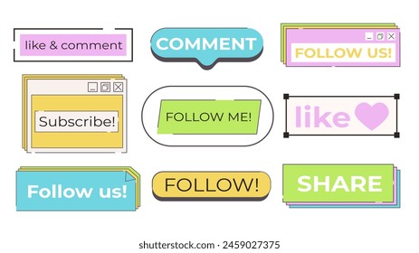 Social Media Call-To-Action Stickers. for video and social networks. social media button with elements text like, follow us, subscribe. User Elements in Retro Computer Interface