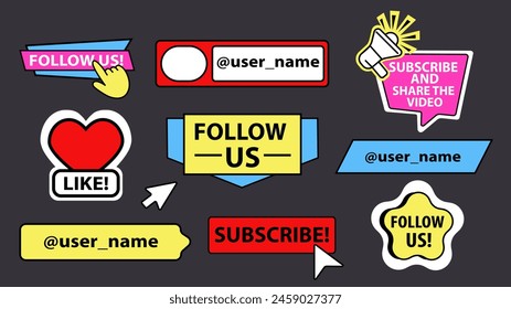 Social Media Call-To-Action Stickers. for video and social networks. Bright and colorful social media button with elements text like, follow us, subscribe.