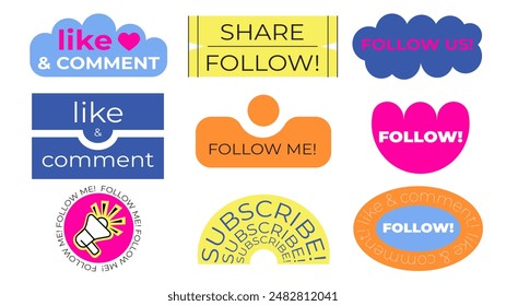 Social Media Call-To-Action Stickers. for video and social networks. social media button with elements text like, follow us, subscribe. User Elements in Retro Computer Interface