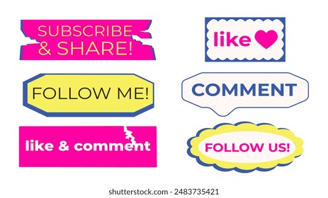 Social Media Call-To-Action Stickers. for video and social networks. social media button with elements text like, follow us, subscribe. User Elements in Retro Computer Interface