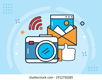 Social media camera and envelope with icon set design, multimedia communication and digital theme Vector illustration