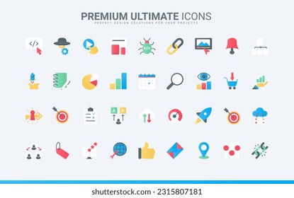 Social media campaign for audience and support, creative idea content and communication, digital marketing process. SEO, online business technology trendy flat icons set vector illustration