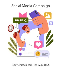 Social Media Campaign concept. Engaging content promotion with shareable posts, likes and online interactions. Digital marketing strategies and audience engagement. Vector illustration.