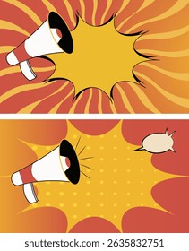 Social media campaign pop art style vibrant burst and yellow background with megaphone.