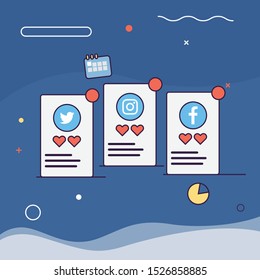 Social Media Card Concept Illustration with data and statistic. Twitter, Instagram, facebook illustration.