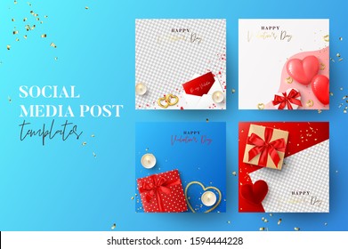 Social media cards for Valentine's Day. Vector illustration with realistic holiday decorative elements. Set of festive covers, holiday gift cards, social media posts, promotion banners.