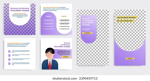 Social Media Karussell Post-Banner-Layout in Farbverlauf-violett Hintergrund. Für Tipps Podcast, Motivation, Selbstentwicklung, Produkt, Werbung, Einflussnahme, Microblog, gemeinsame Wissensvorlage. Vektorgrafik