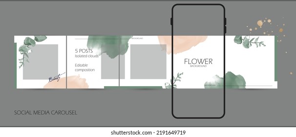 Social Media Carousel Post. Green Watercolor Paint And Floral Graphic Background For Woman, Fashion, Beauty. Creative Soft Aesthetic Instagram Story And Feed Template