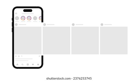 Social media carousel post template on smartphone screen. Application interface is a social network with empty pictures. Mockup of the social media app.