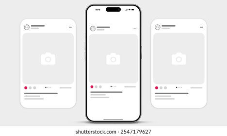 Social media carousel post template mockup. Mobile app interface with blank pictures, editable posts. Scroll frame pages, social media photography.