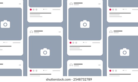 Social media carousel post template mockup. Mobile app interface with blank pictures, editable posts. Scroll frame pages, social media photography.