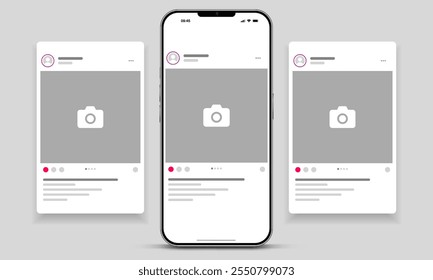 Social media carousel post template mockup. Mobile app interface with blank pictures, editable posts. Scroll frame pages, social media photography.