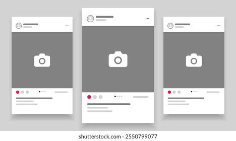 Social media carousel post template mockup. Mobile app interface with blank pictures, editable posts. Scroll frame pages, social media photography.