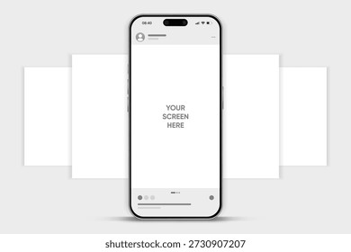 Social media carousel post template mockup. Mobile app interface with blank pictures, editable posts. Scroll frame pages, social media photography.