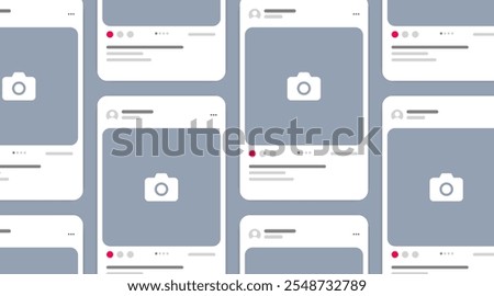 Social media carousel post template mockup. Mobile app interface with blank pictures, editable posts. Scroll frame pages, social media photography.